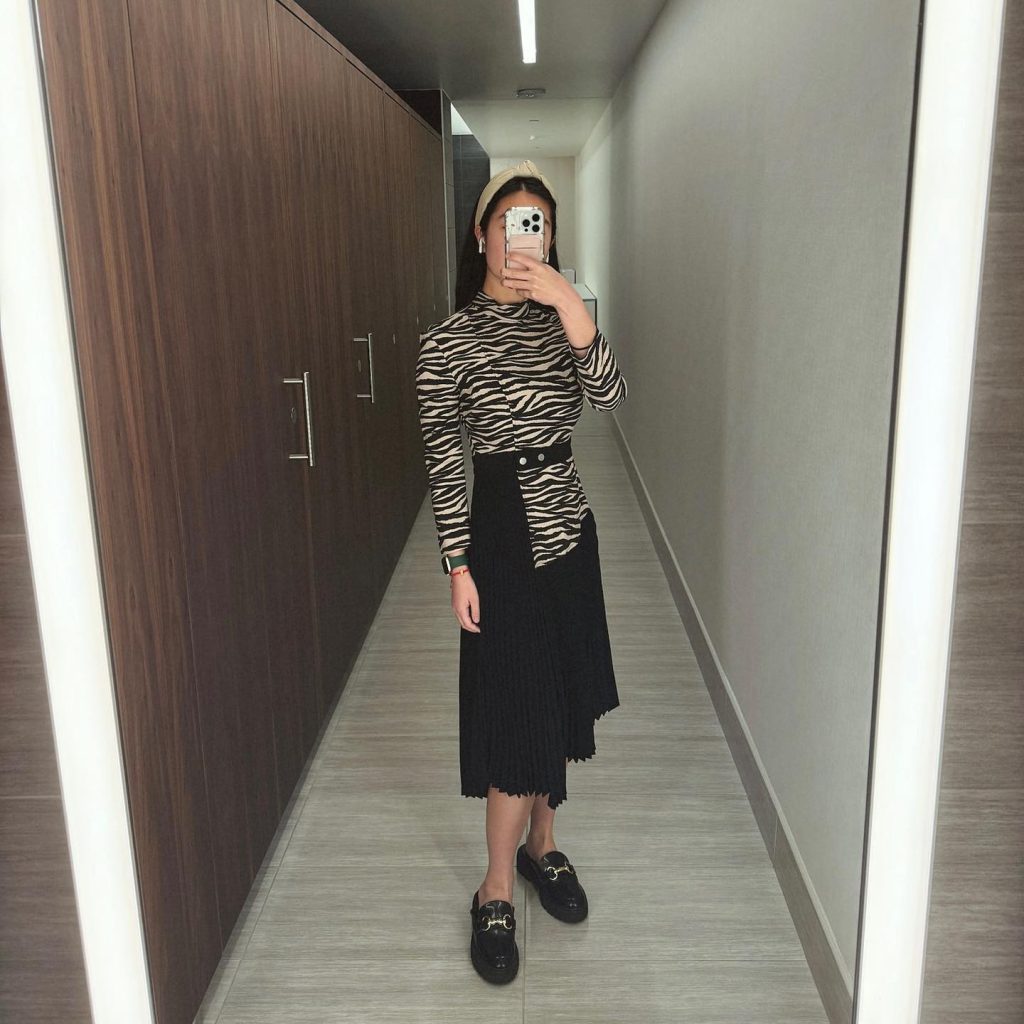 Zebra Print Turtleneck + Asymmetrical Pleated Skirt + Black Loafers
