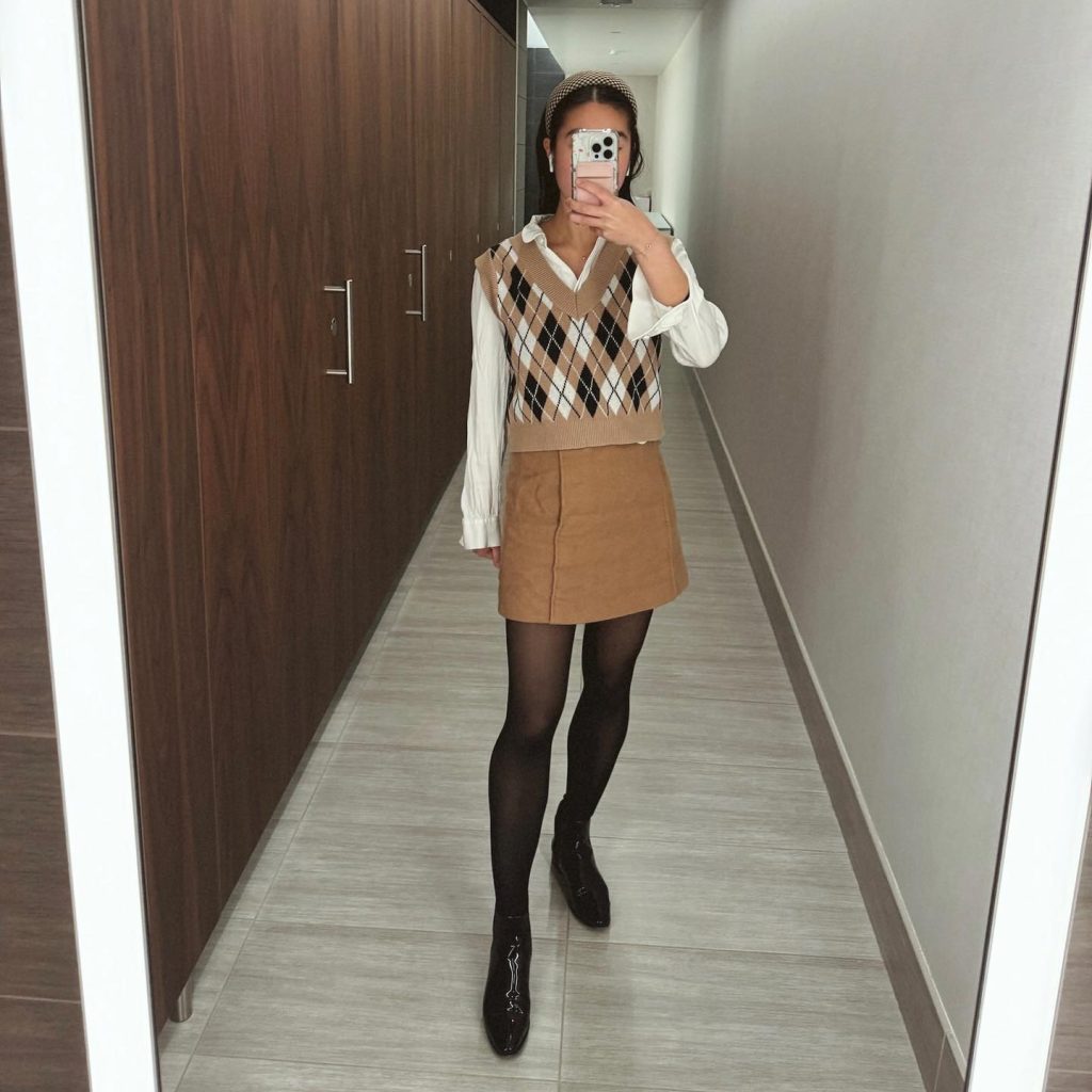 Tan Argyle Vest + White Button-Down + Camel Mini Skirt