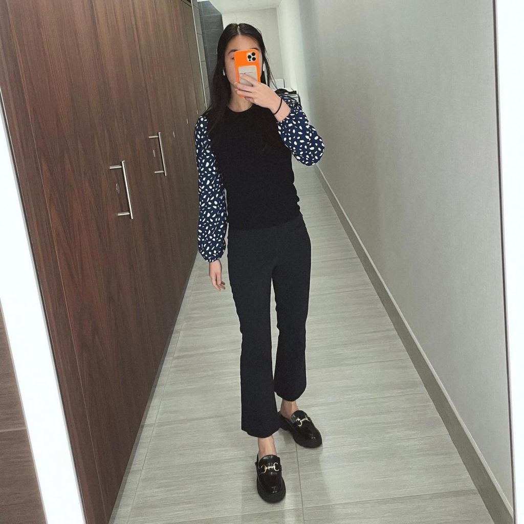 Black Knit Top + Patterned Balloon Sleeves + Flared Trousers