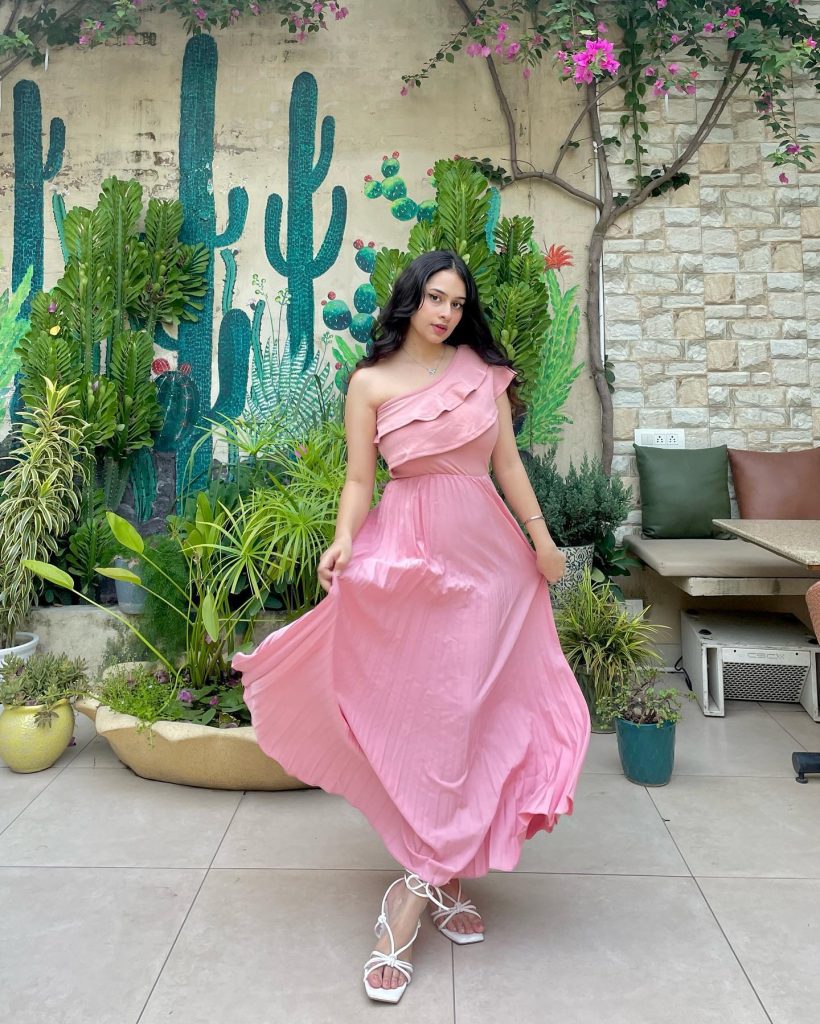 Pink One-Shoulder Maxi Dress + White Lace-Up Sandals + Silver Necklace