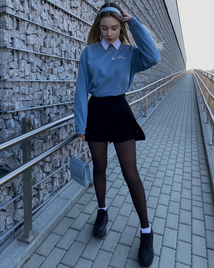 Blue Sweatshirt + Collared Shirt + Pleated Skirt