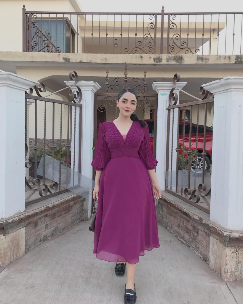 Magenta Pleated Midi Dress + Black Loafers + Top Handle Bag