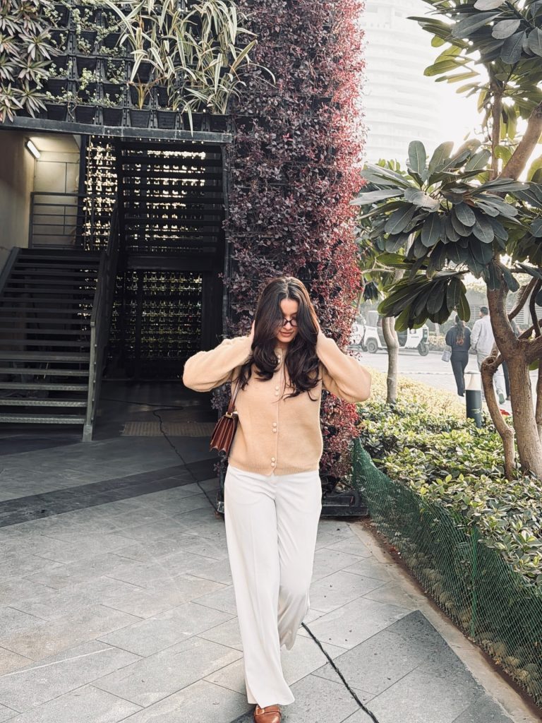 Camel Cardigan + Wide-Leg Trousers + Leather Shoulder Bag
