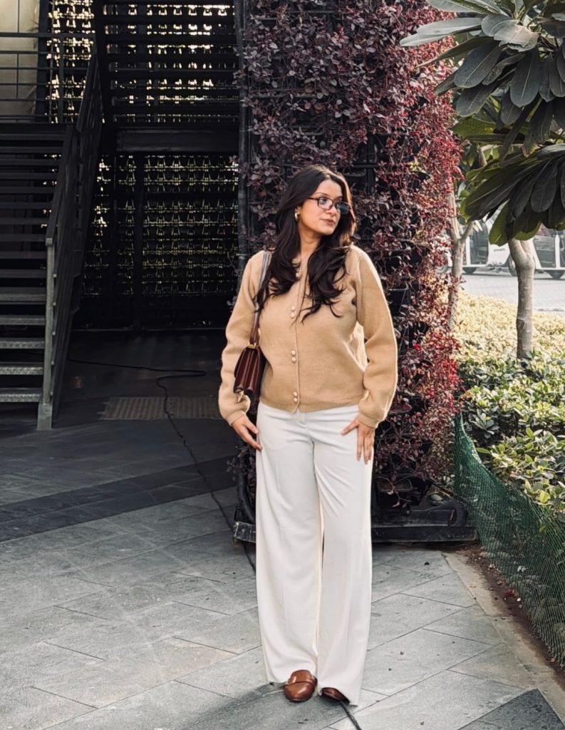 Tan Buttoned Cardigan + White Wide-Leg Trousers