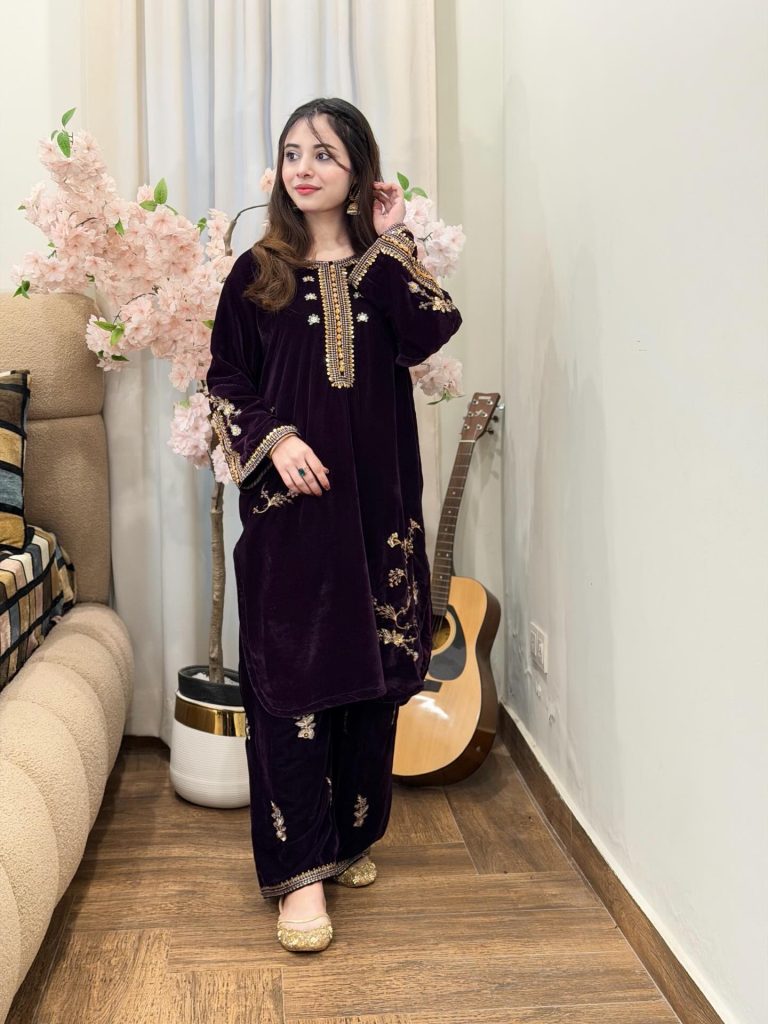 Deep Purple Velvet Kurta + Matching Trousers + Embellished Khussas