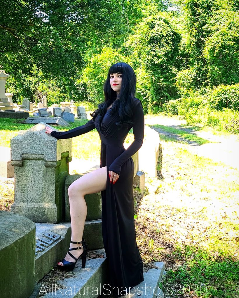 Black High-Slit Maxi Dress + Strappy Platforms + Red Lipstick