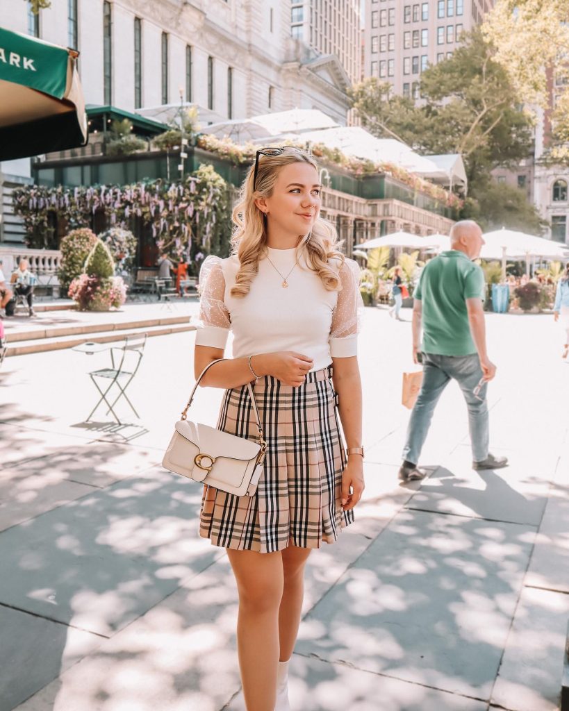 White Puff-Sleeve Top + Plaid Mini Skirt
