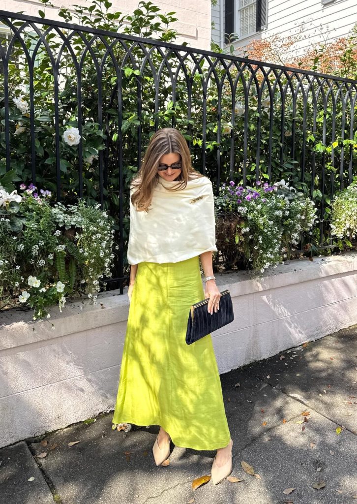 White Shawl + Lime Green Maxi Skirt + Black Clutch