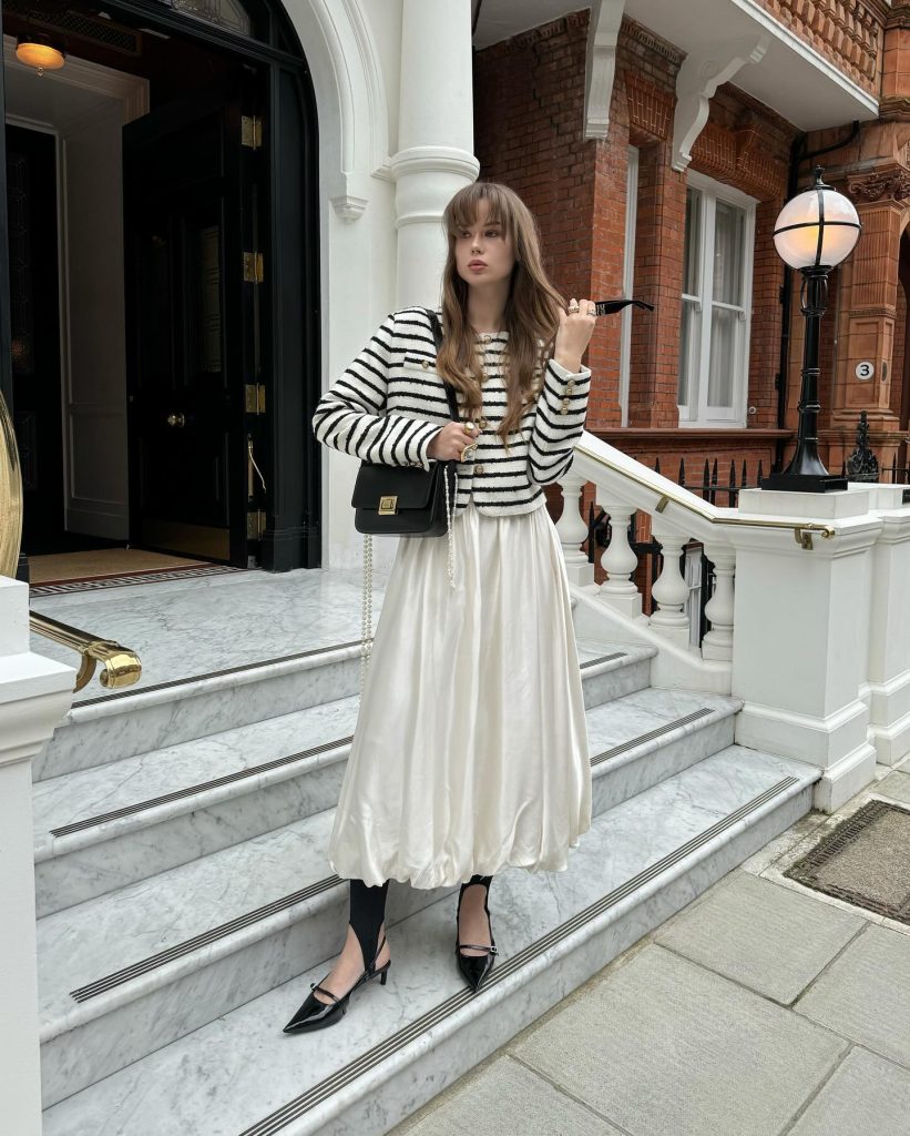 Striped Cardigan + Satin Bubble Skirt + Stirrup Leggings