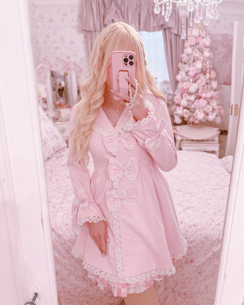 Pink Bow-Front Dress + Lace Trim + Pearl Accessories