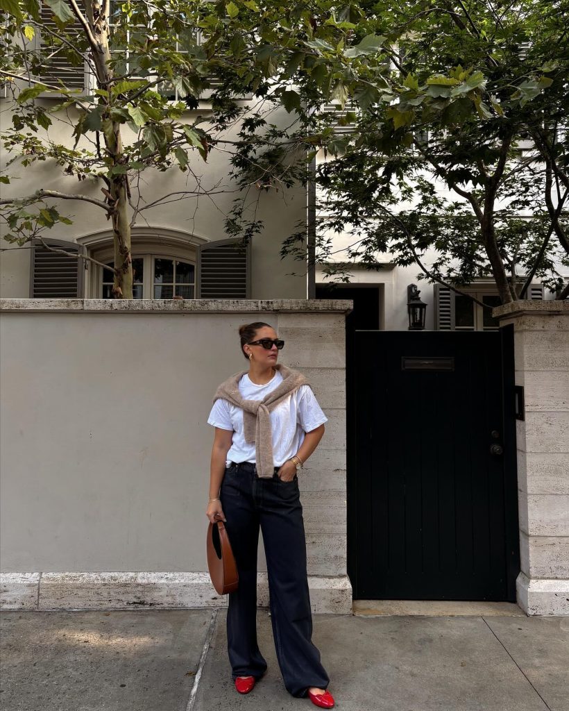 White T-Shirt + Tied Sweater + Wide-Leg Jeans