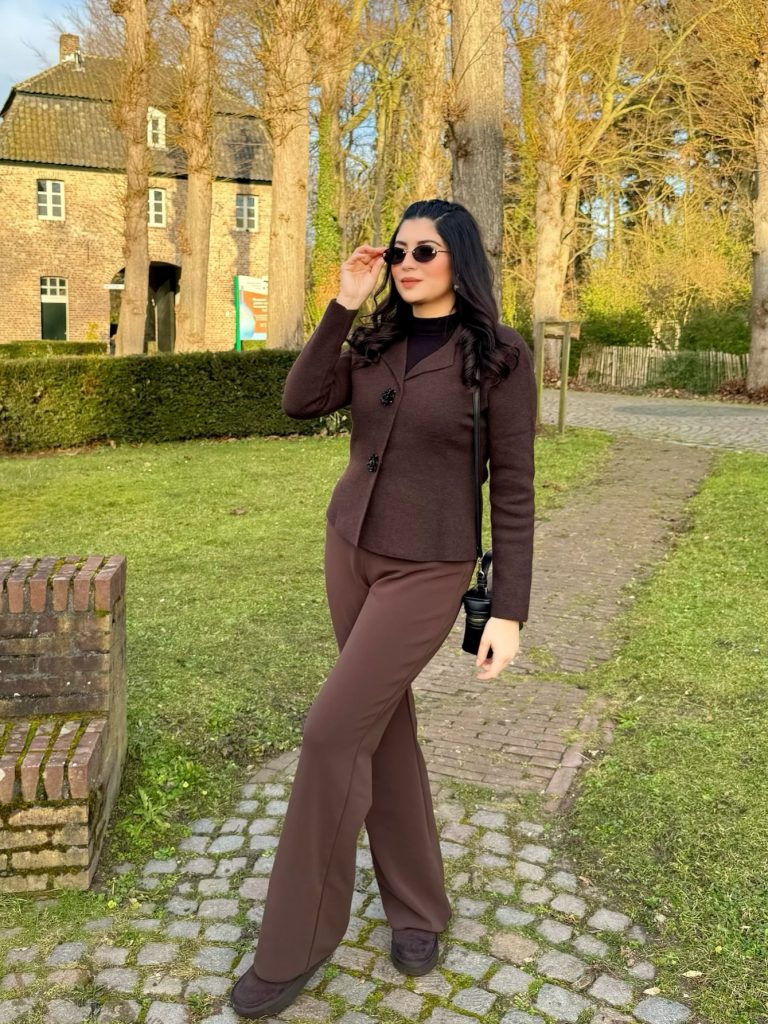 Brown Short Coat + Tonal Flare Trousers + Black Micro Bag