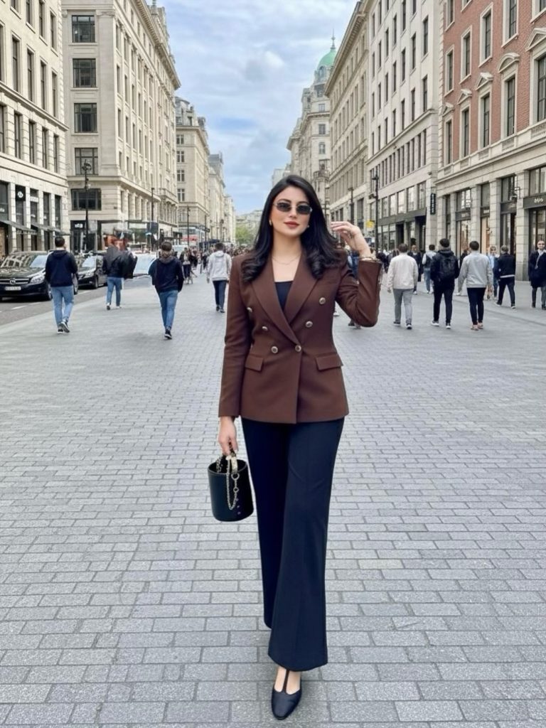 Chocolate Double-breasted Blazer + Navy Wide-leg Pants + Black T-strap Heels