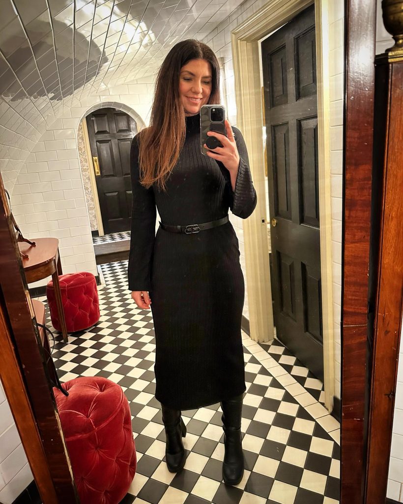 Black Ribbed Midi Dress + Slim Belt + Tall Boots