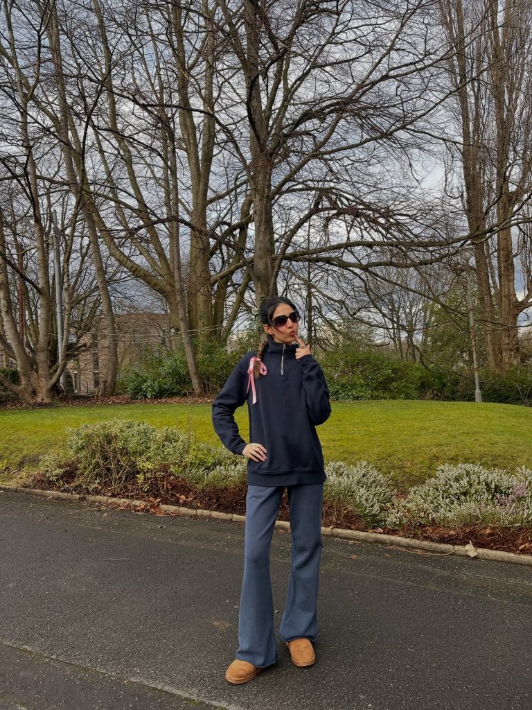 Navy Quarter-Zip + Flared Sweatpants + Shearling Boots