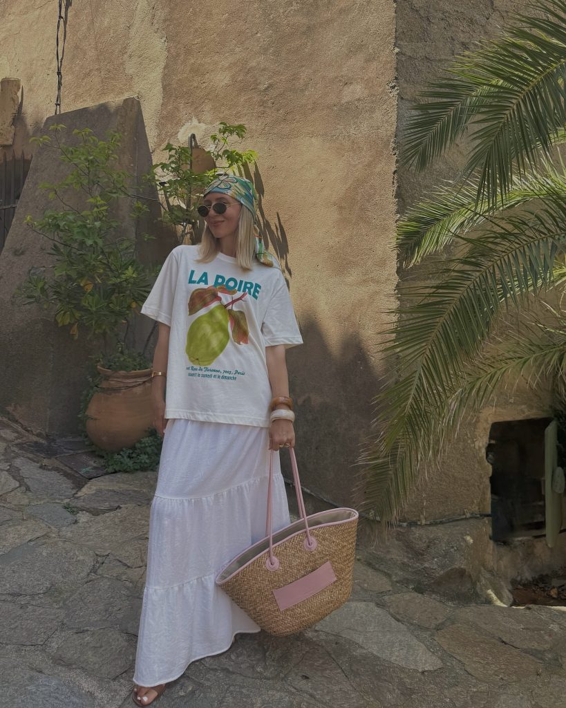 White Graphic T-Shirt + Tiered Maxi Skirt + Straw Tote Bag