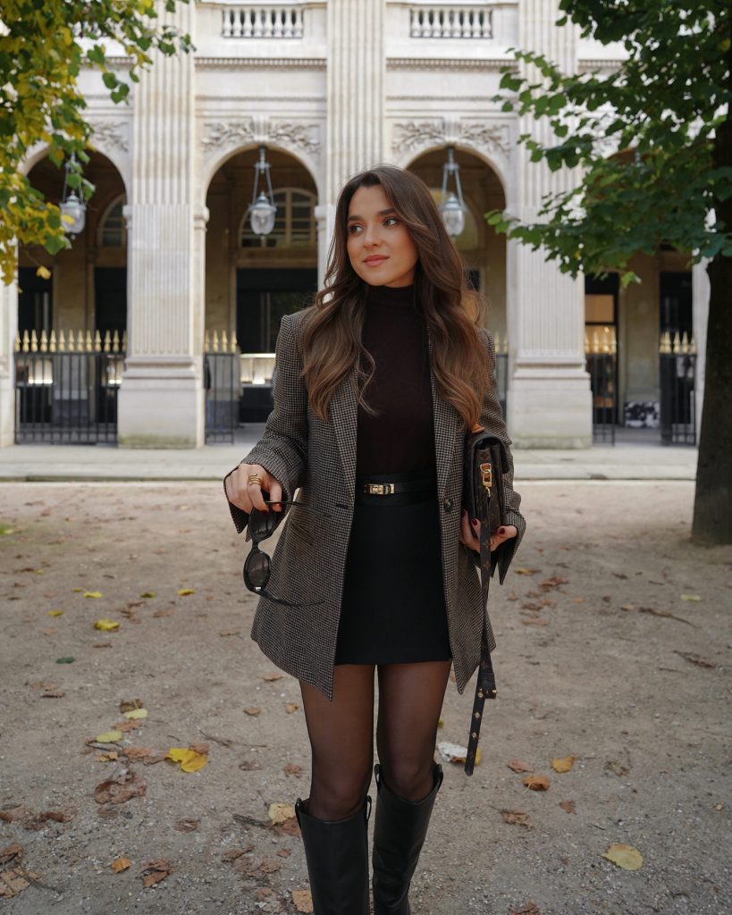 Brown Plaid Blazer + Turtleneck + Black Mini Skirt