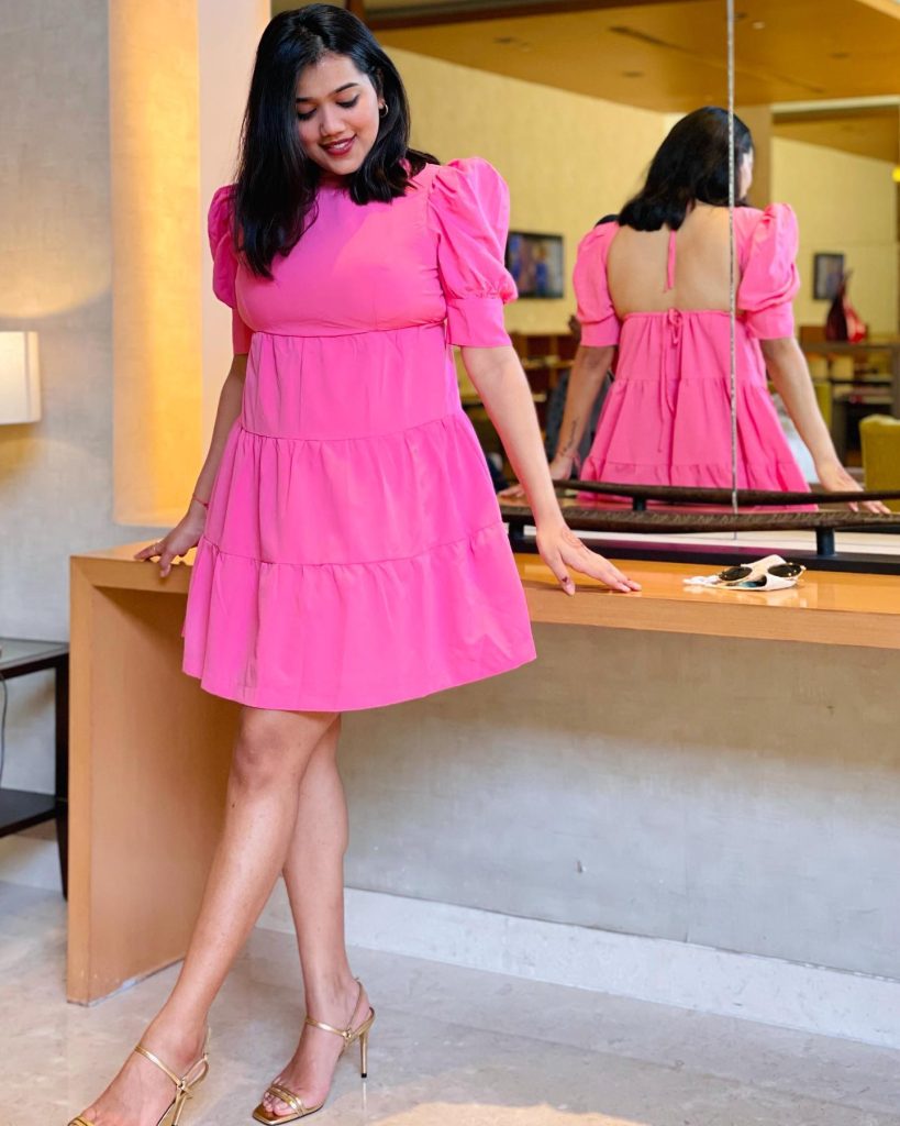 Hot Pink Tiered Puff-Sleeve Dress + Gold Stiletto Sandals