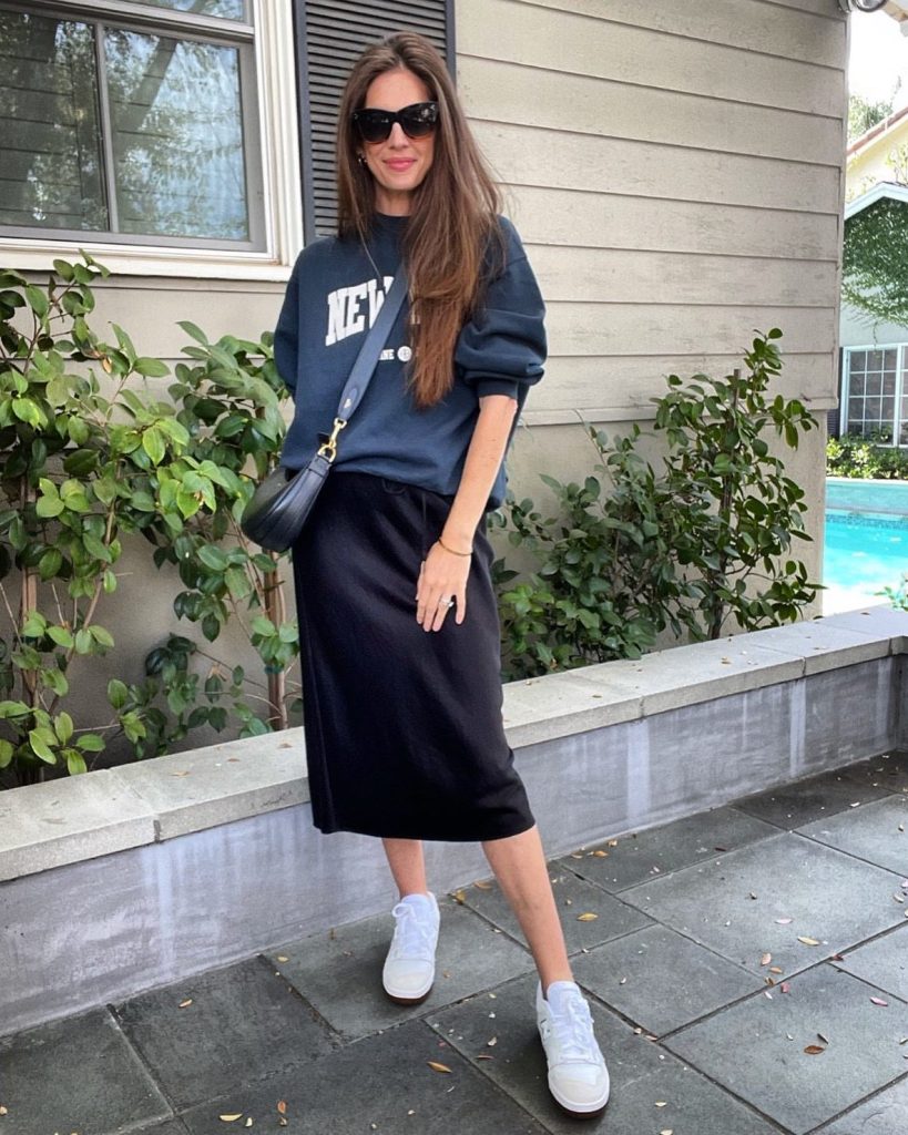 Navy Graphic Sweatshirt + Black Midi Skirt