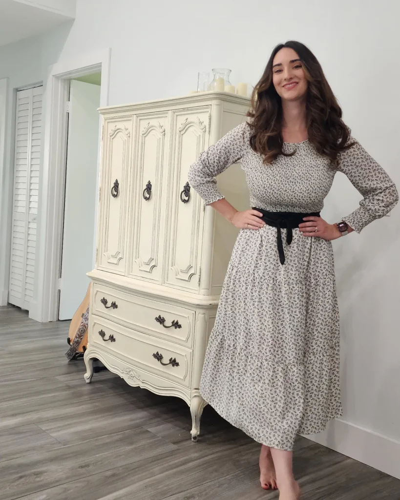Floral Midi Dress + Black Waist Belt + Neutral Heels
