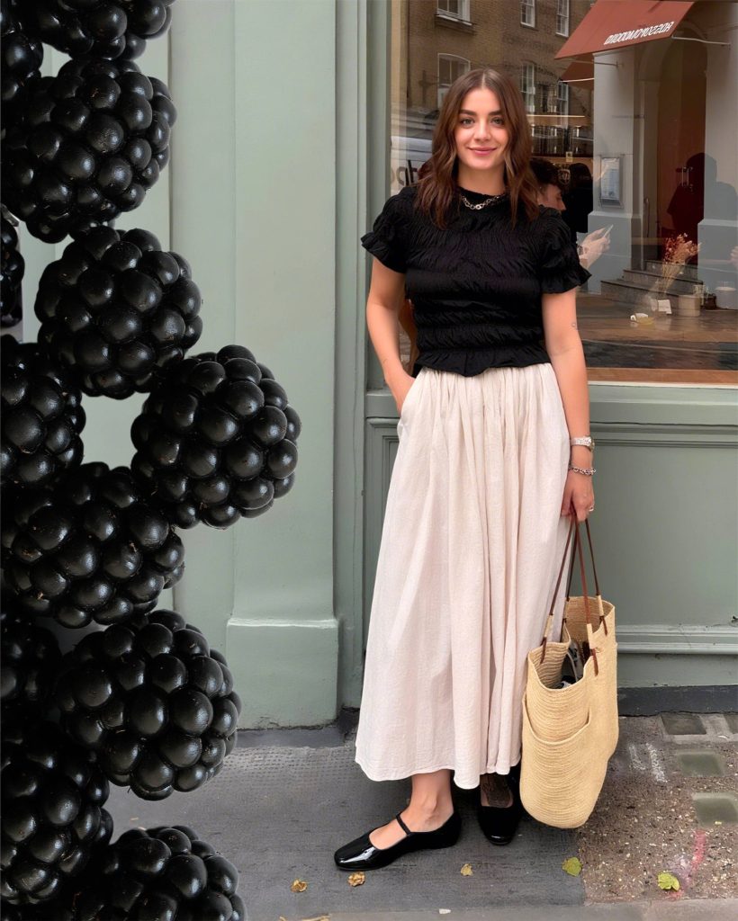  Black Smocked Top + Linen Maxi Skirt + Mary Janes