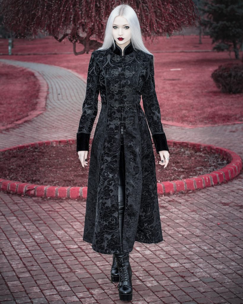 Black Brocade Overcoat + Leather Leggings + Platform Boots