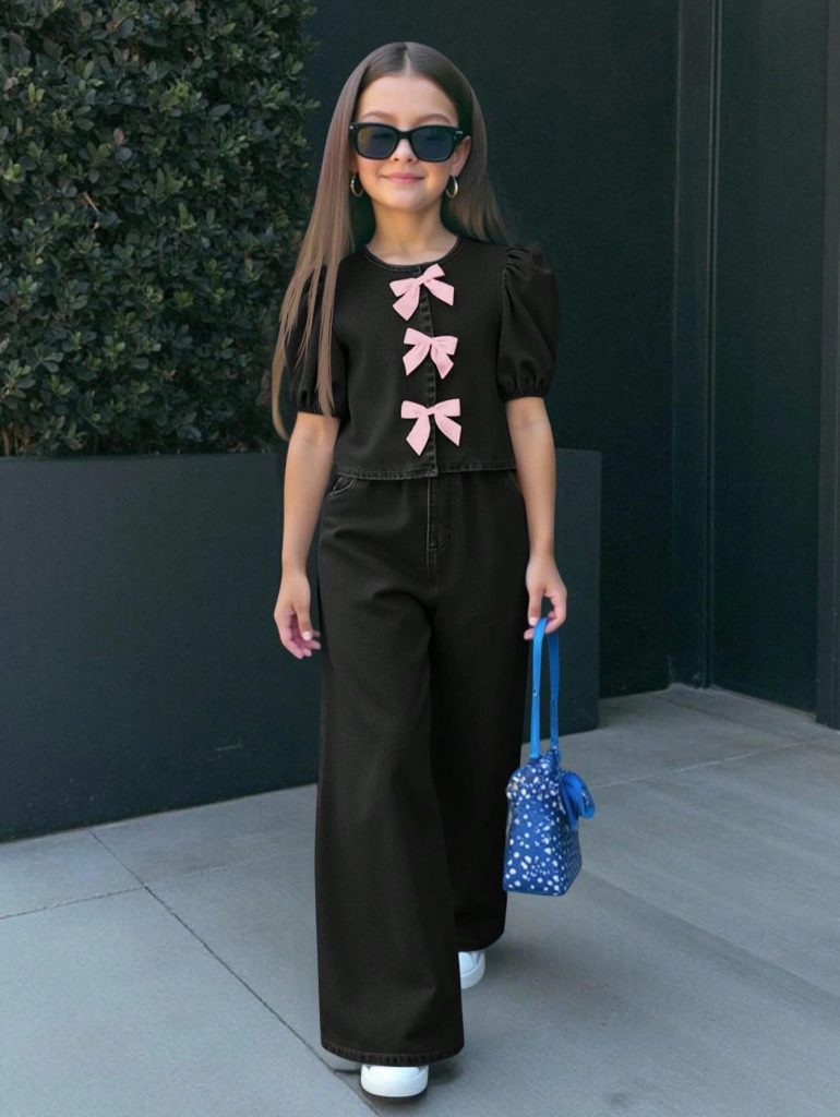 Black Denim Set + Pink Bow Accents + White Sneakers