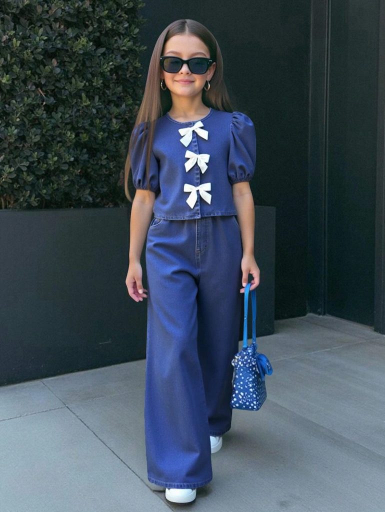 Blue Denim Set + White Bow Accents + Blue Patterned Bag