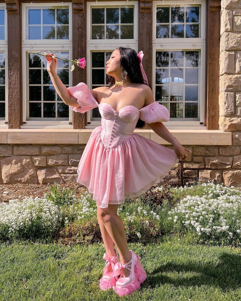Pink Puff-Sleeve Dress + Platform Heels + Bow Hair Accessory