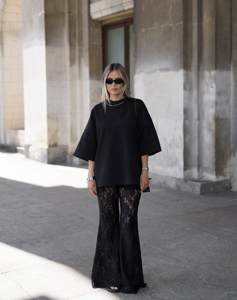 Black Oversized T-Shirt + Lace Flare Pants + Rectangular Sunglasses