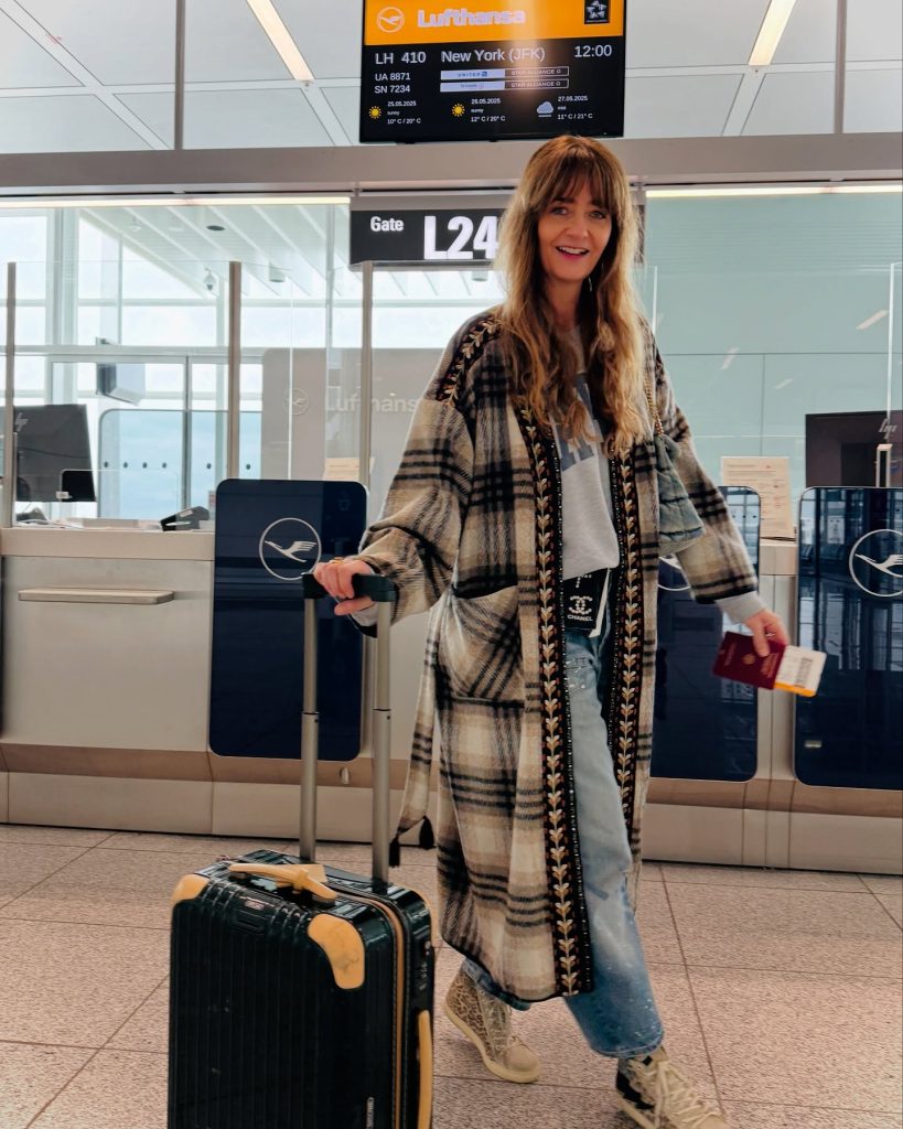 Multi-color Plaid Maxi Coat + Graphic Sweatshirt + Distressed Denim