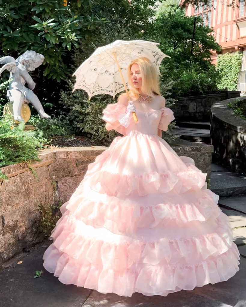 Pink Ruffled Ballgown + Lace Parasol + Pearl Necklace