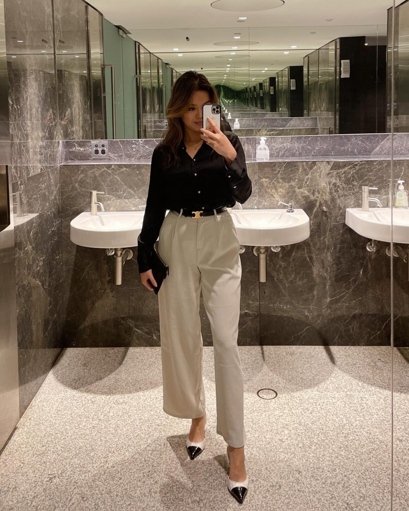 Black Silk Shirt + Beige Tailored Trousers