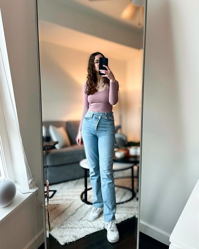 Mauve Long-Sleeve Top + Light Wash Asymmetrical Jeans