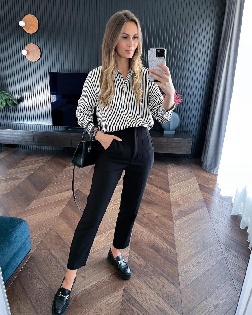 Striped Button-Down + High-Waisted Trousers + Lug Sole Loafers