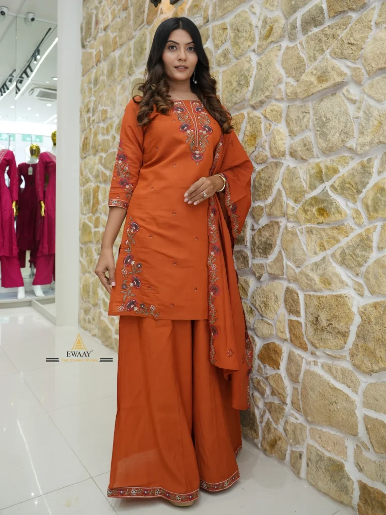 Rust Orange Embroidered Kurta + Sharara Pants + Matching Dupatta