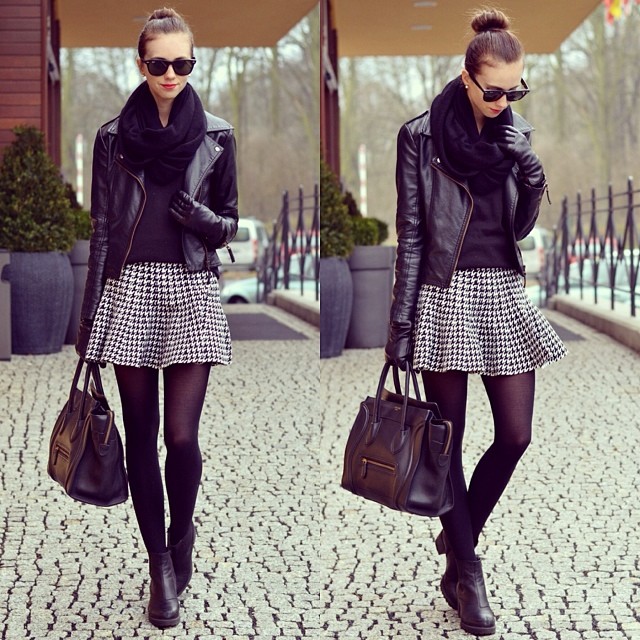 Black Leather Jacket + Houndstooth Mini Skirt + Infinity Scarf