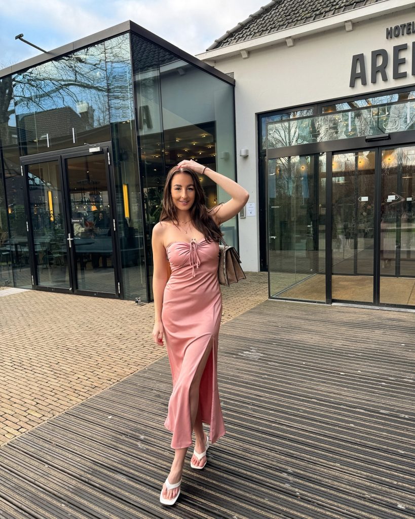 Pink Satin Strapless Dress + White Flip-Flop Heels + Shoulder Bag