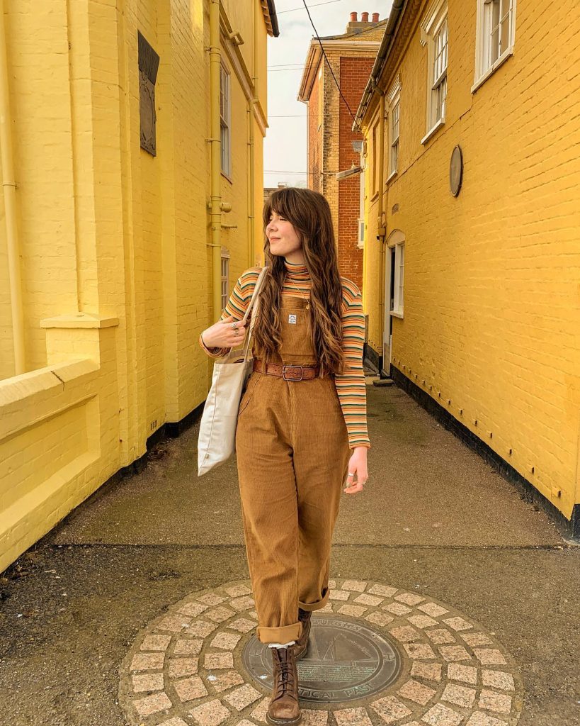 Brown Corduroy Overalls + Striped Turtleneck