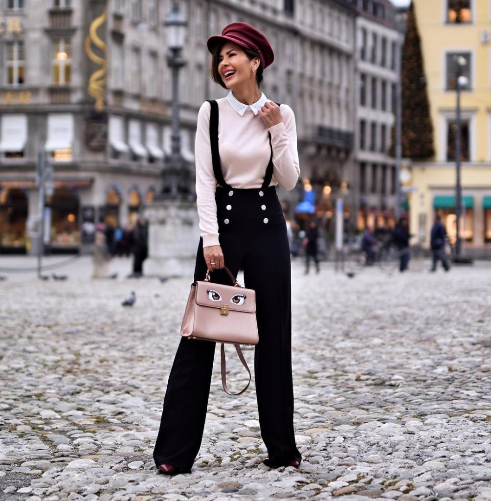 Pale Pink Peter Pan Collar Top + Black High-waisted Suspenders + Burgundy Newsboy Cap