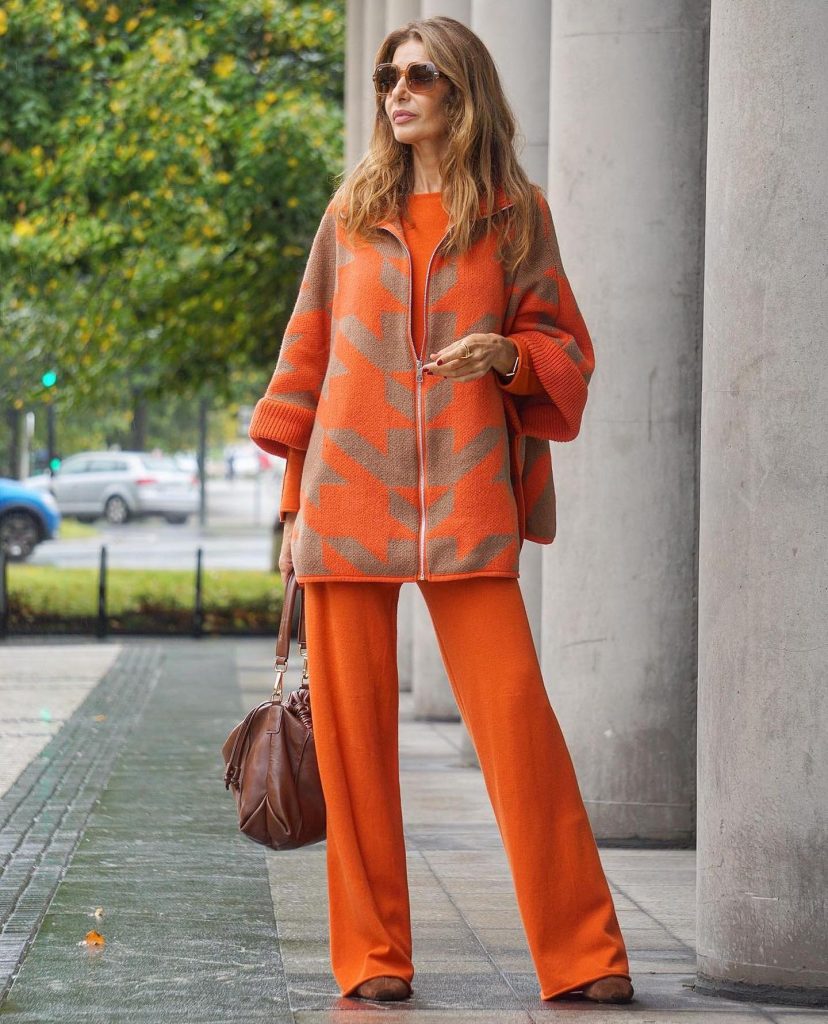 Orange Geometric Poncho + Matching Knit Set + Brown Leather Tote