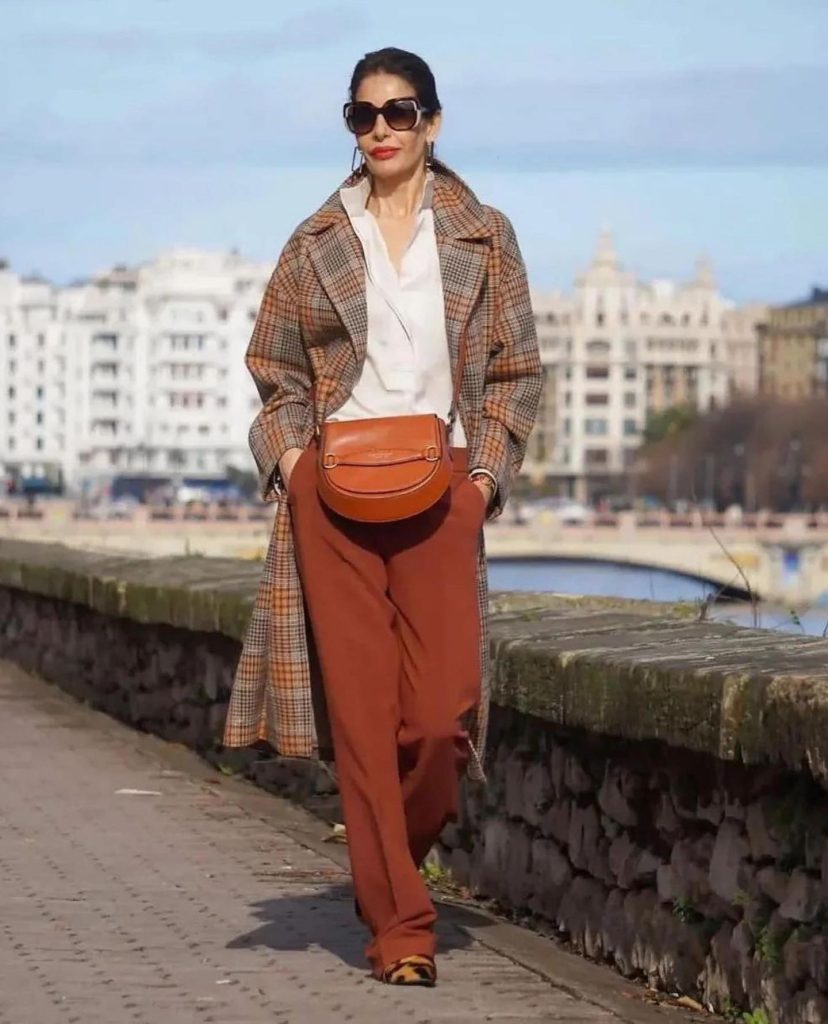 Plaid Overcoat + White Button-Down + Rust Trousers