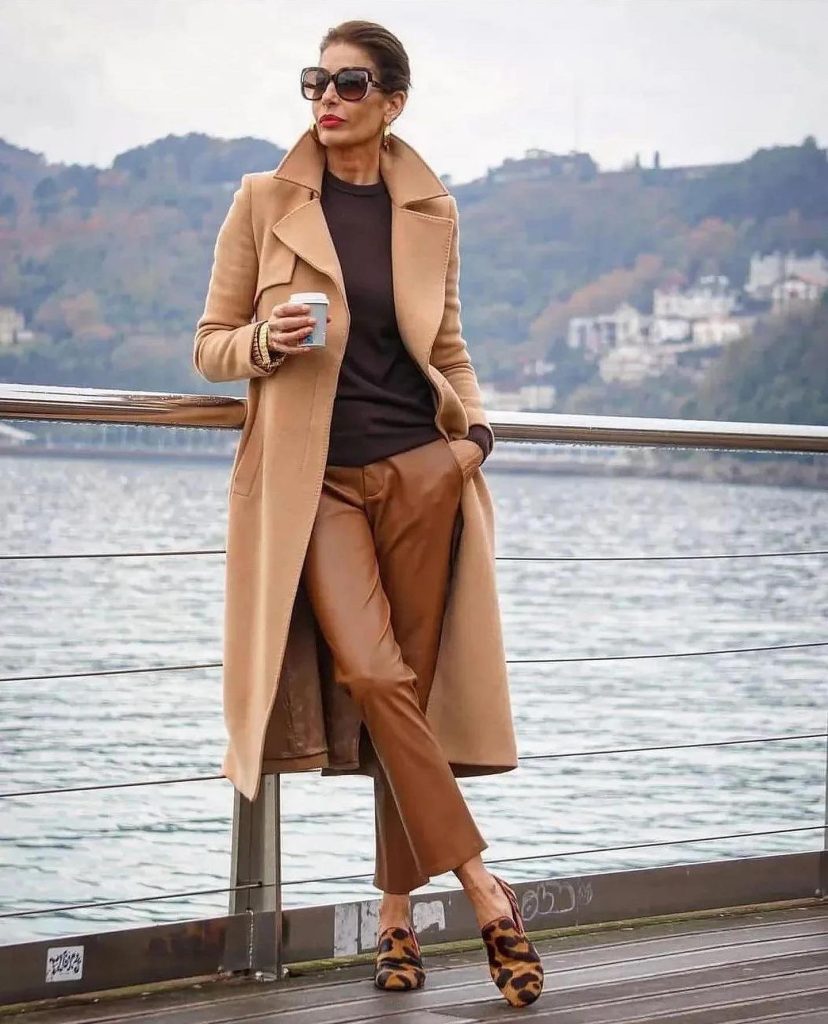 Camel Trench Coat + Dark Crewneck + Cognac Leather Pants