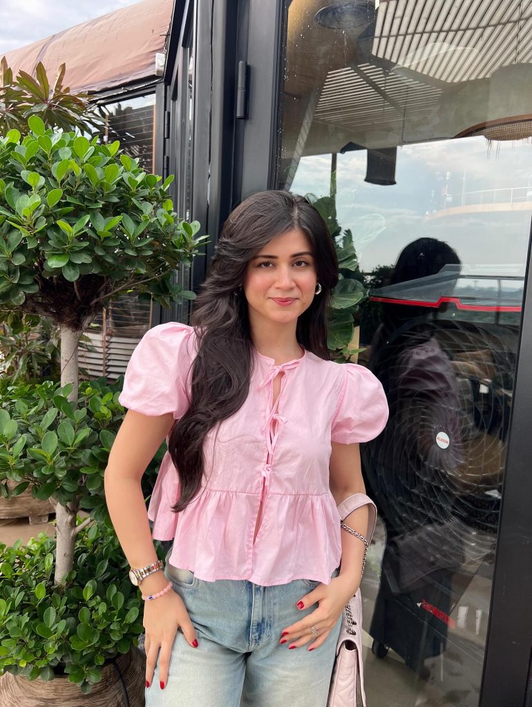 Pink Puff-Sleeve Top + Light Wash Jeans + Silver Watch
