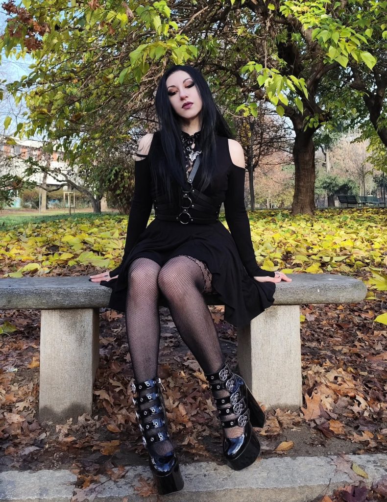 Black Cold-Shoulder Dress + Leather Harness + Platform Boots