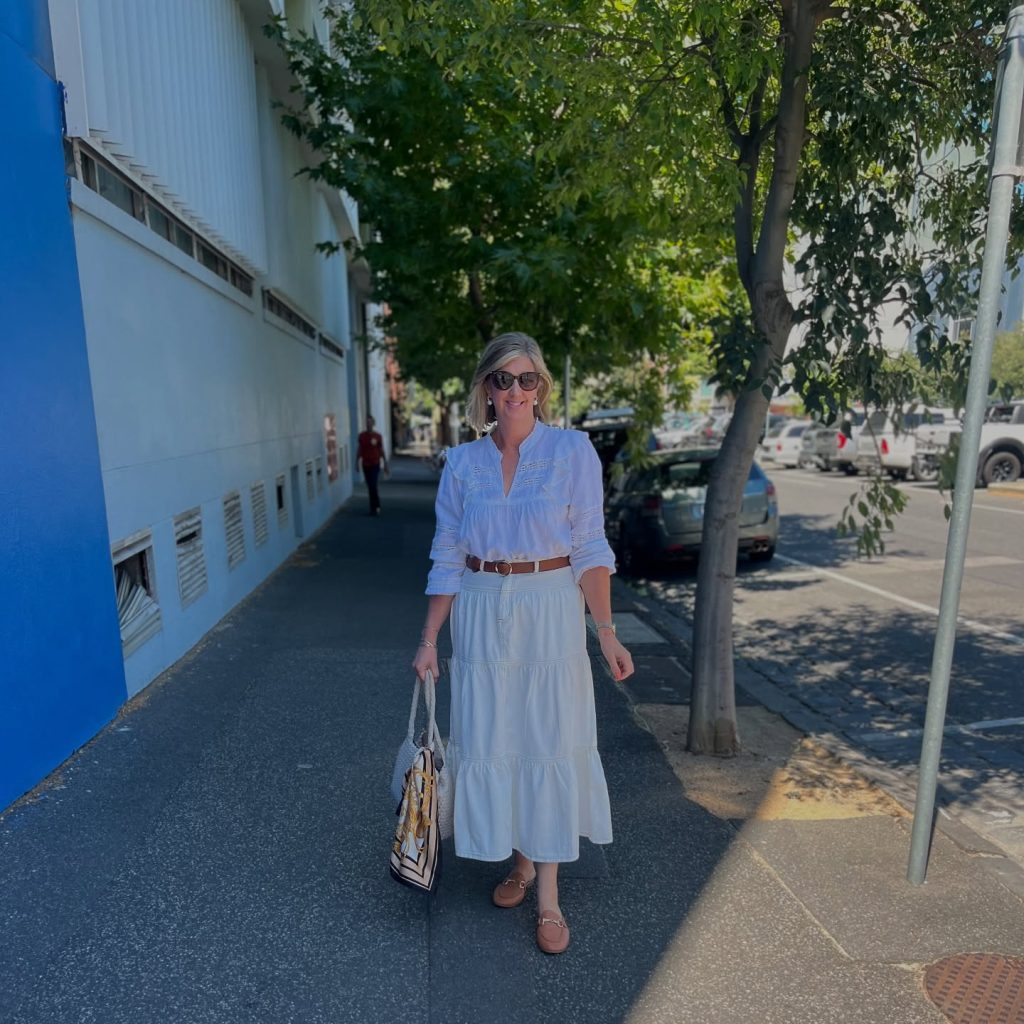 White Eyelet Blouse + Tiered Midi Skirt + Tan Mules