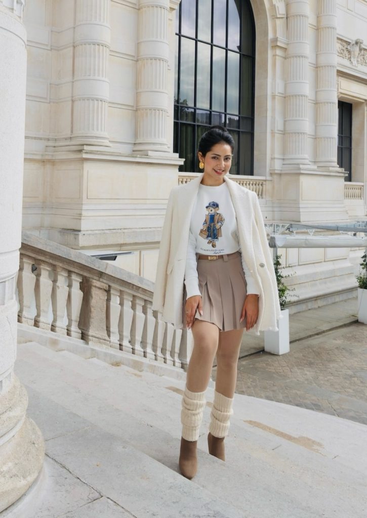 White Graphic Sweatshirt + Pleated Mini Skirt + Cream Blazer
