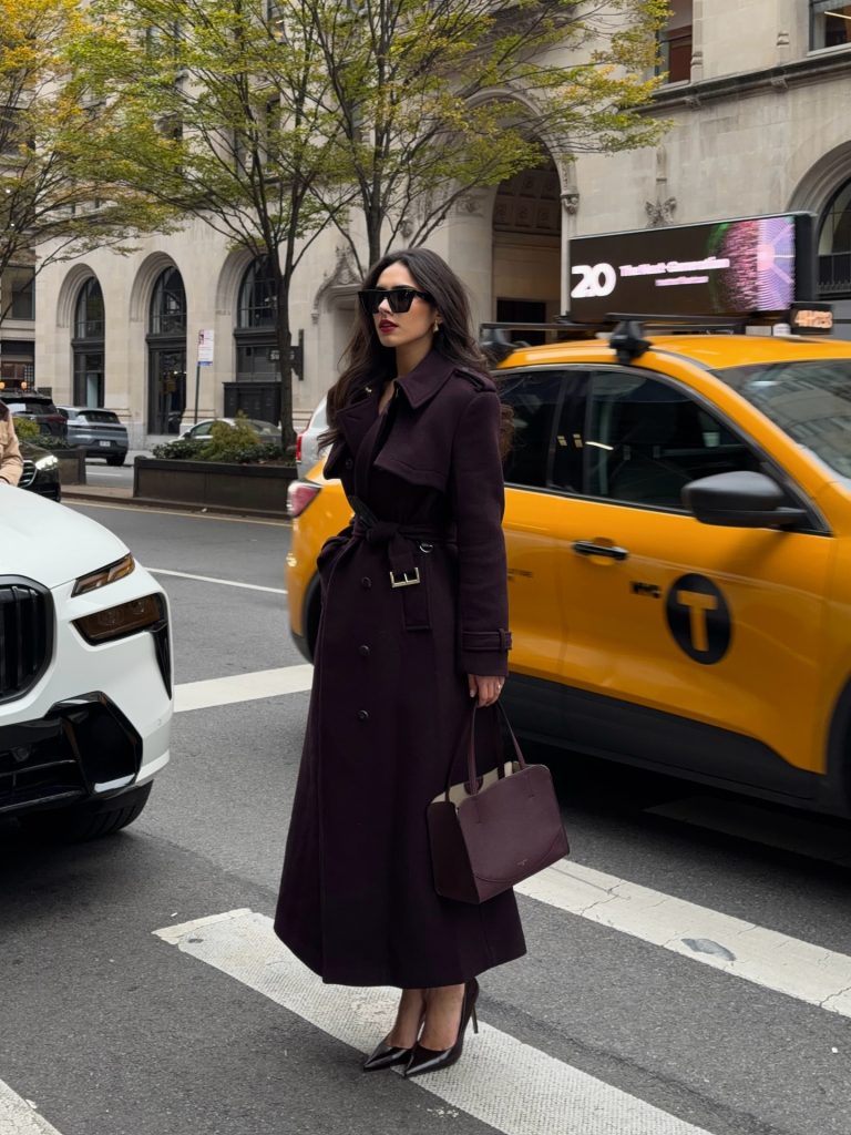 Deep Plum Trench Coat + Matching Handbag + Pointed Stilettos