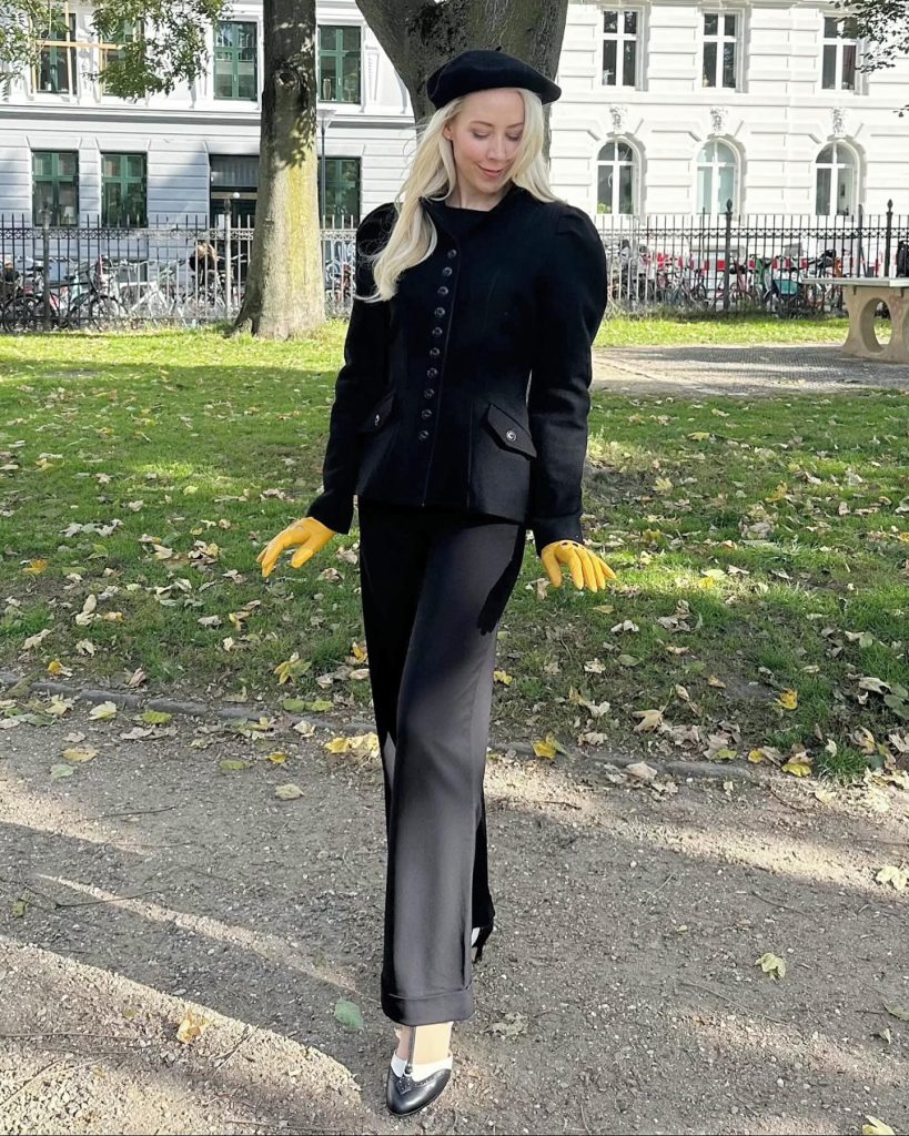 Black Peplum Jacket + Wide-Leg Trousers + Beret
