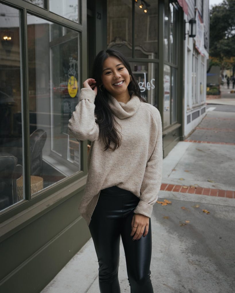 Beige Cowl-Neck Sweater + Leather Leggings + Gold Hoop Earrings